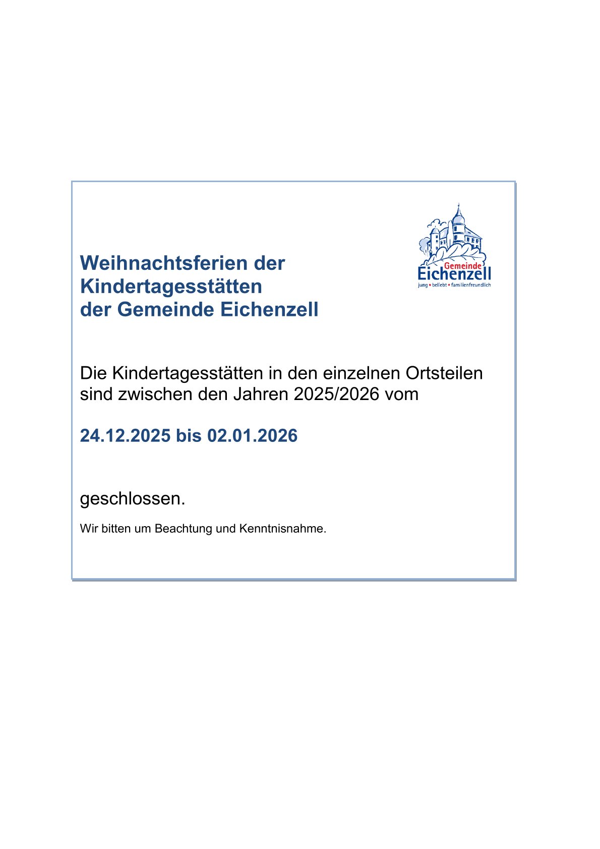 Weihnachtsferien 2025/2026 der Kitas