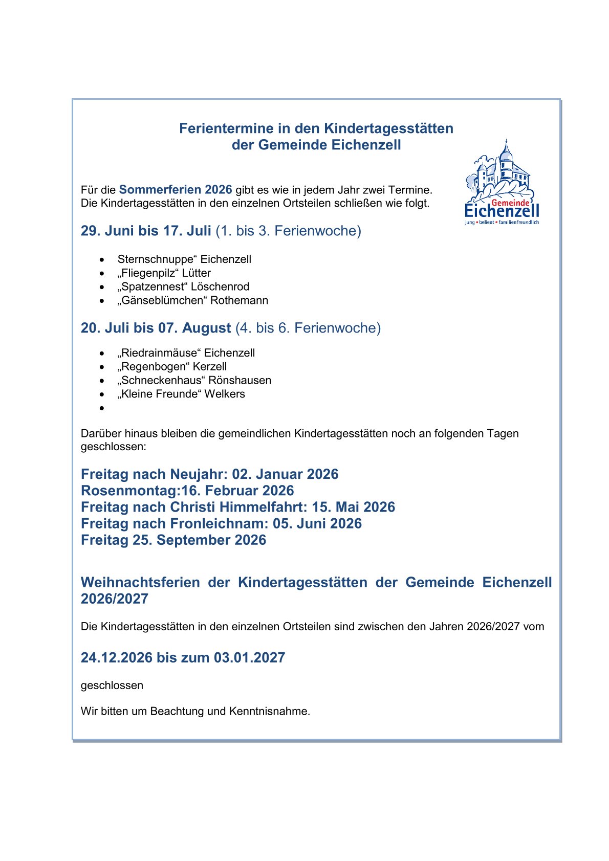 Ferien der Kitas 2026/2027