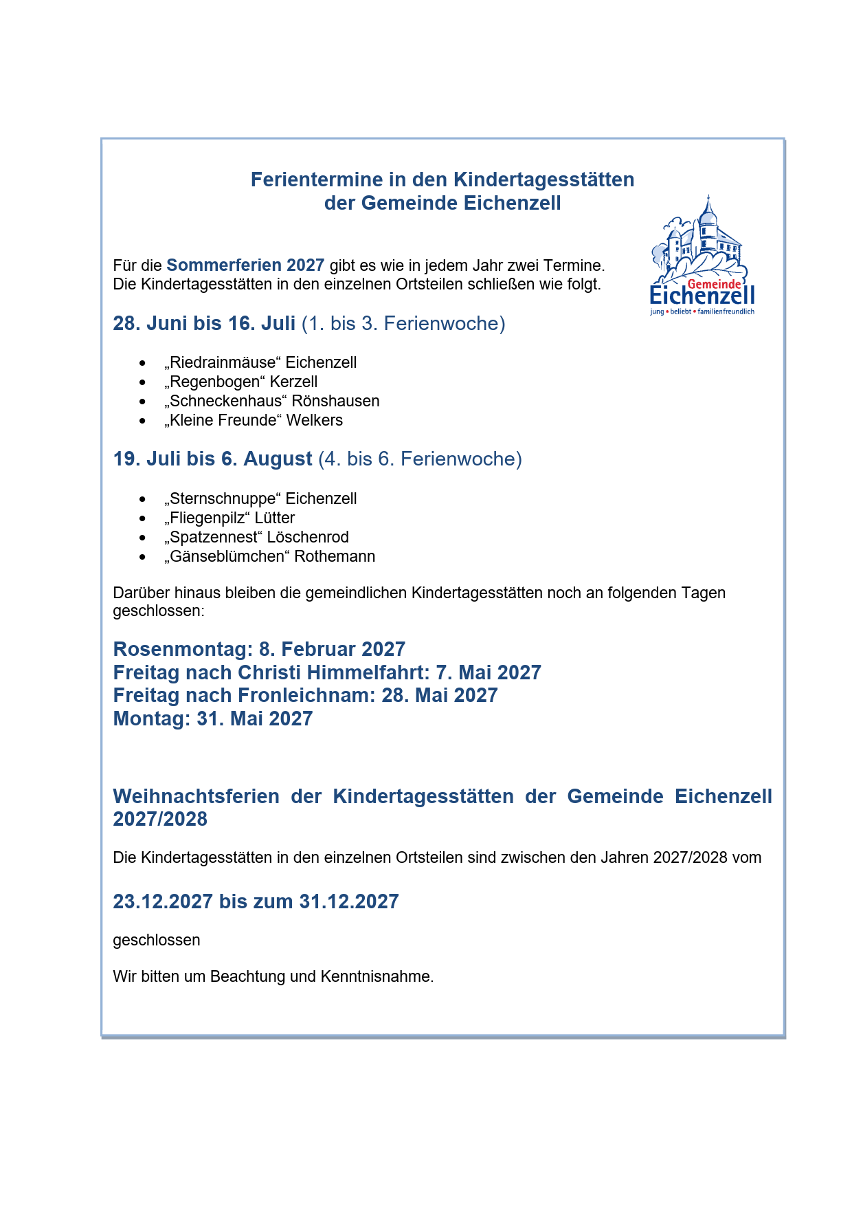 Ferien Kitas 2027/2028