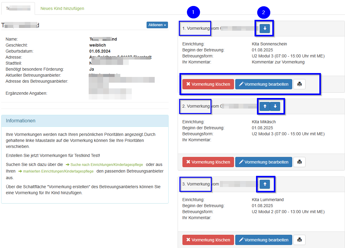 Vormerkung verwalten