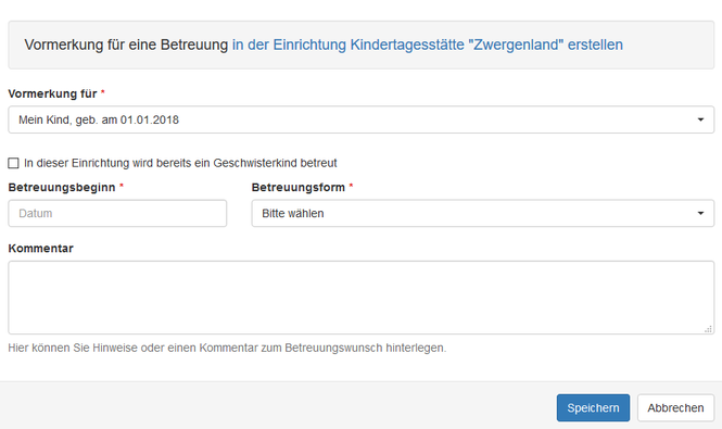 Dialog Vormerkung klein