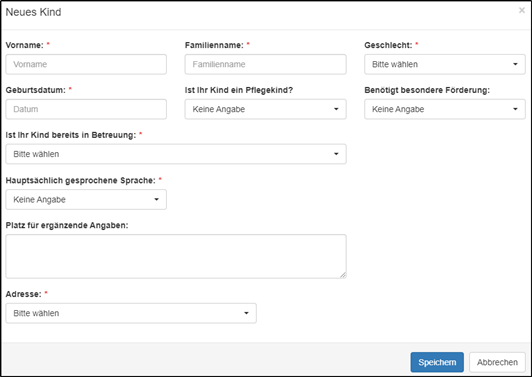 Angaben Kind erfassen