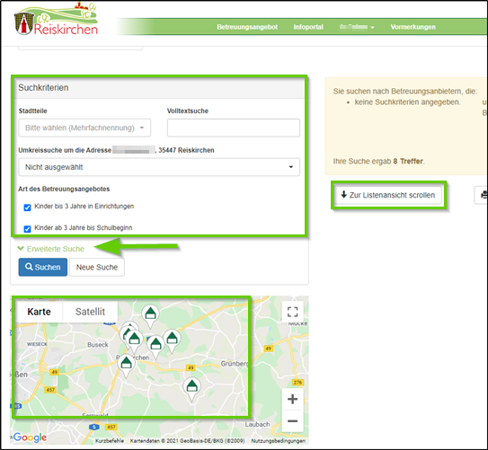 Suche nach Betreuungsangeboten - Karte
