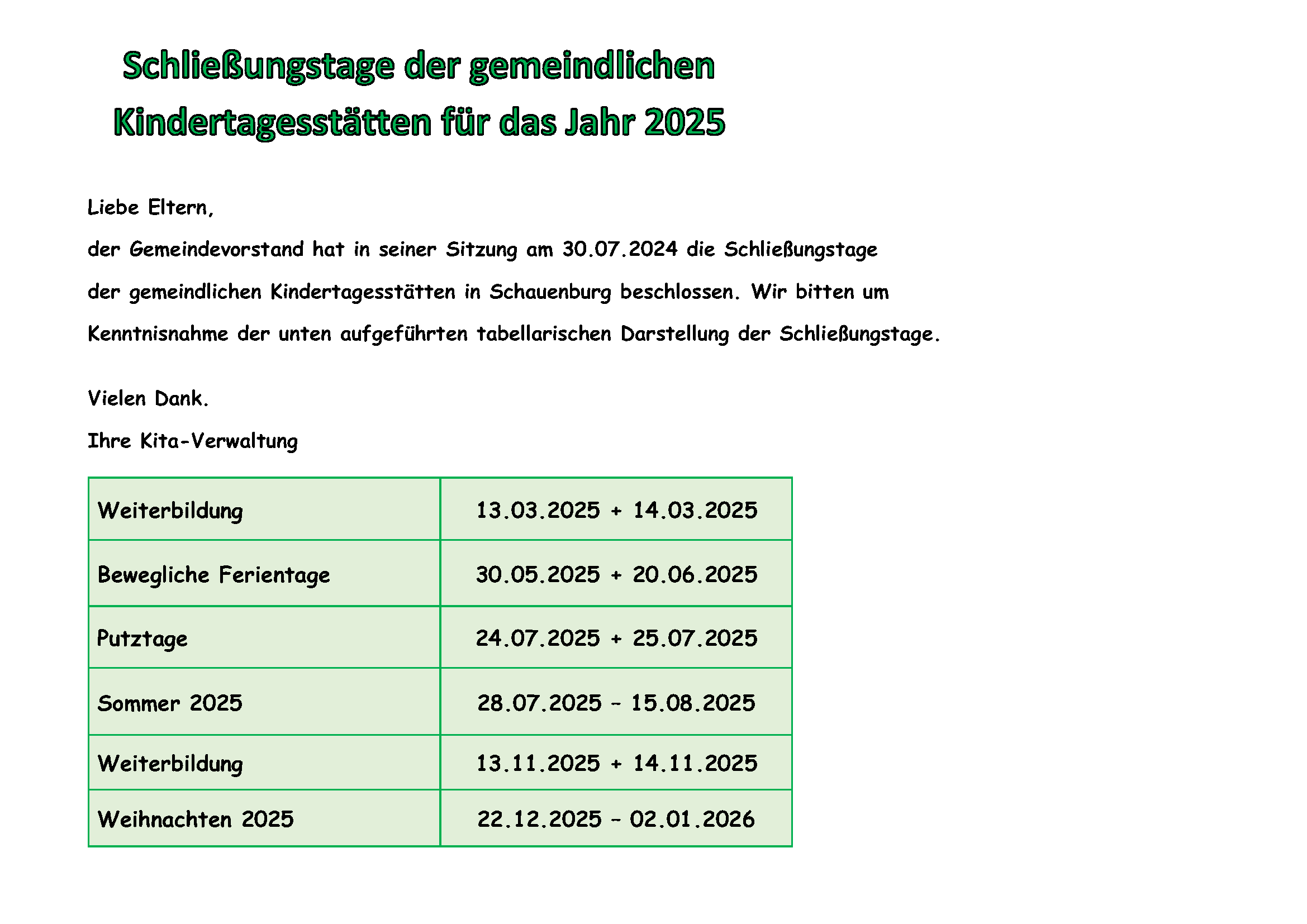 Inforportal Aktuelles Schließungstage 2025