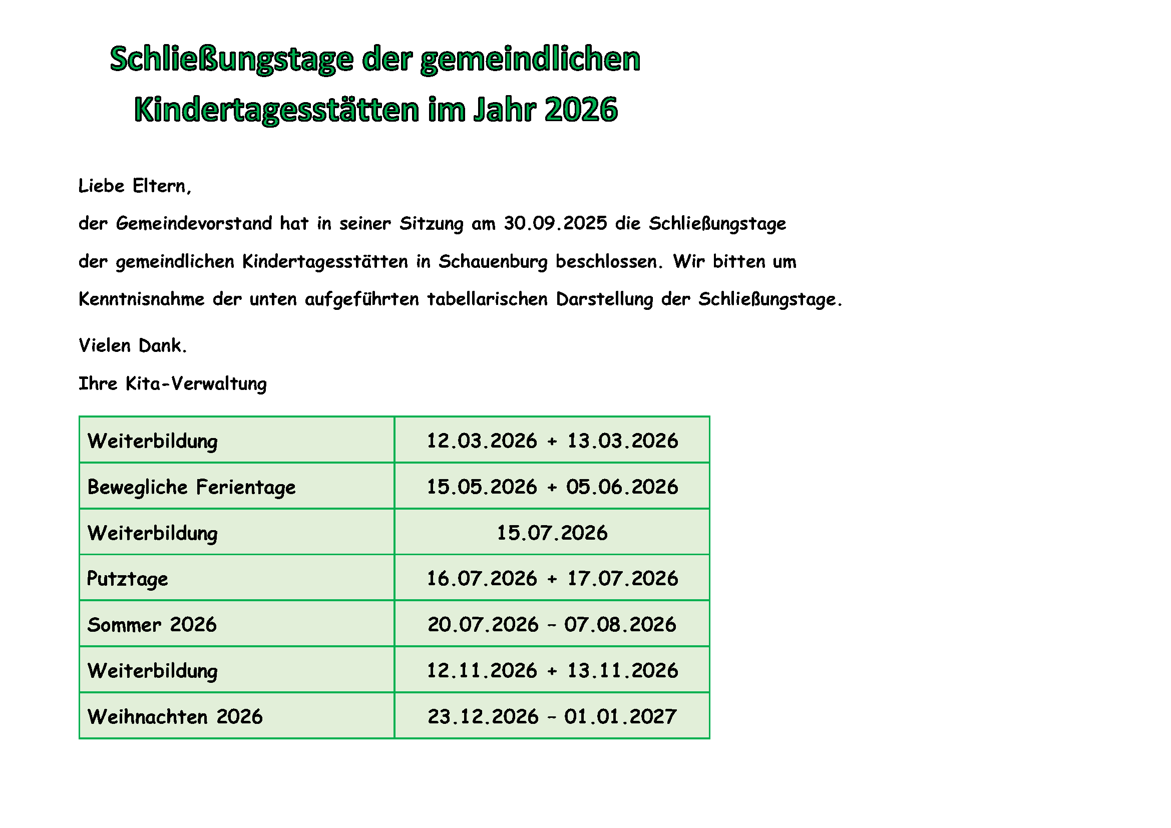 Schließungstage 2026
