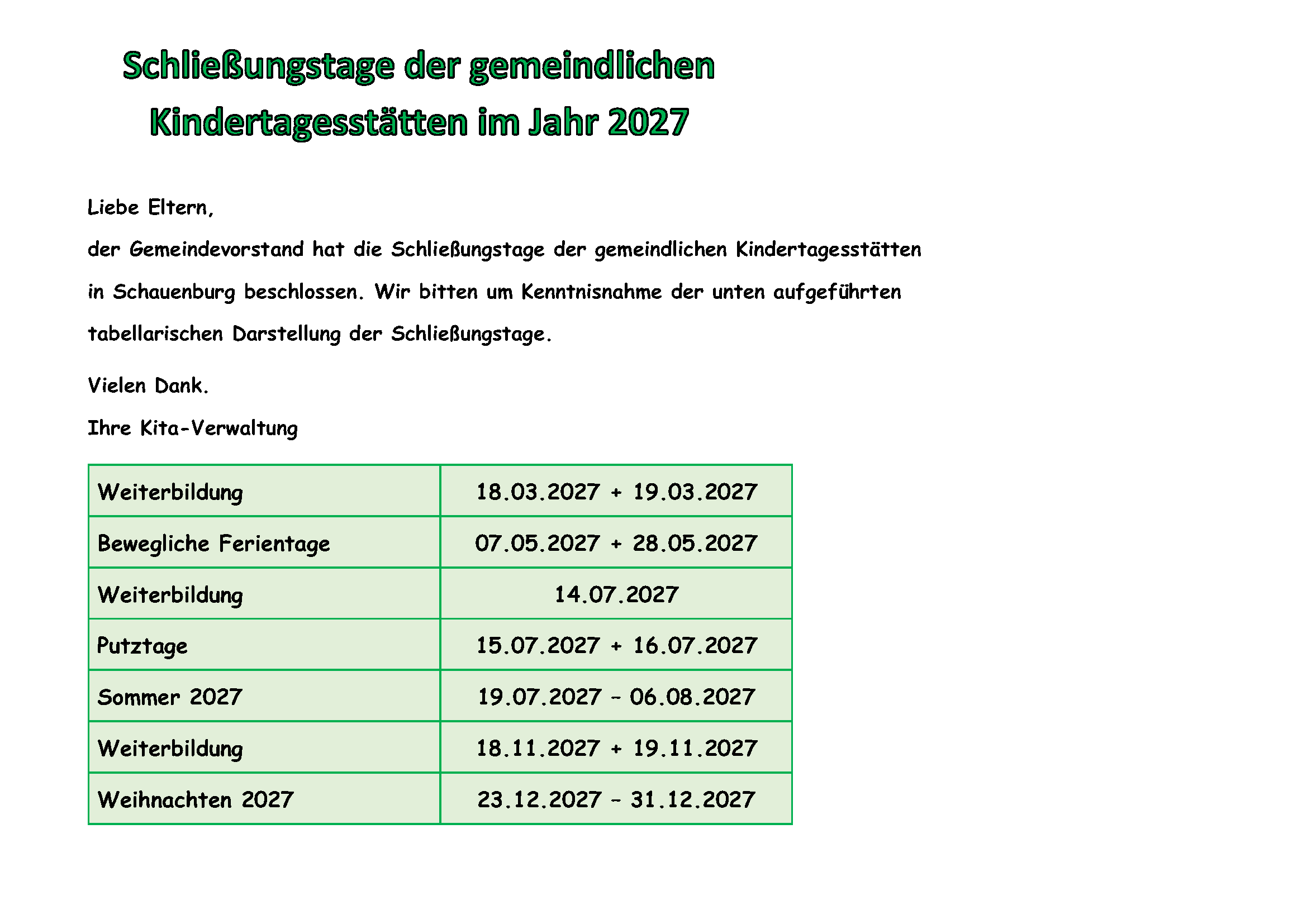 Schließungstage 2027