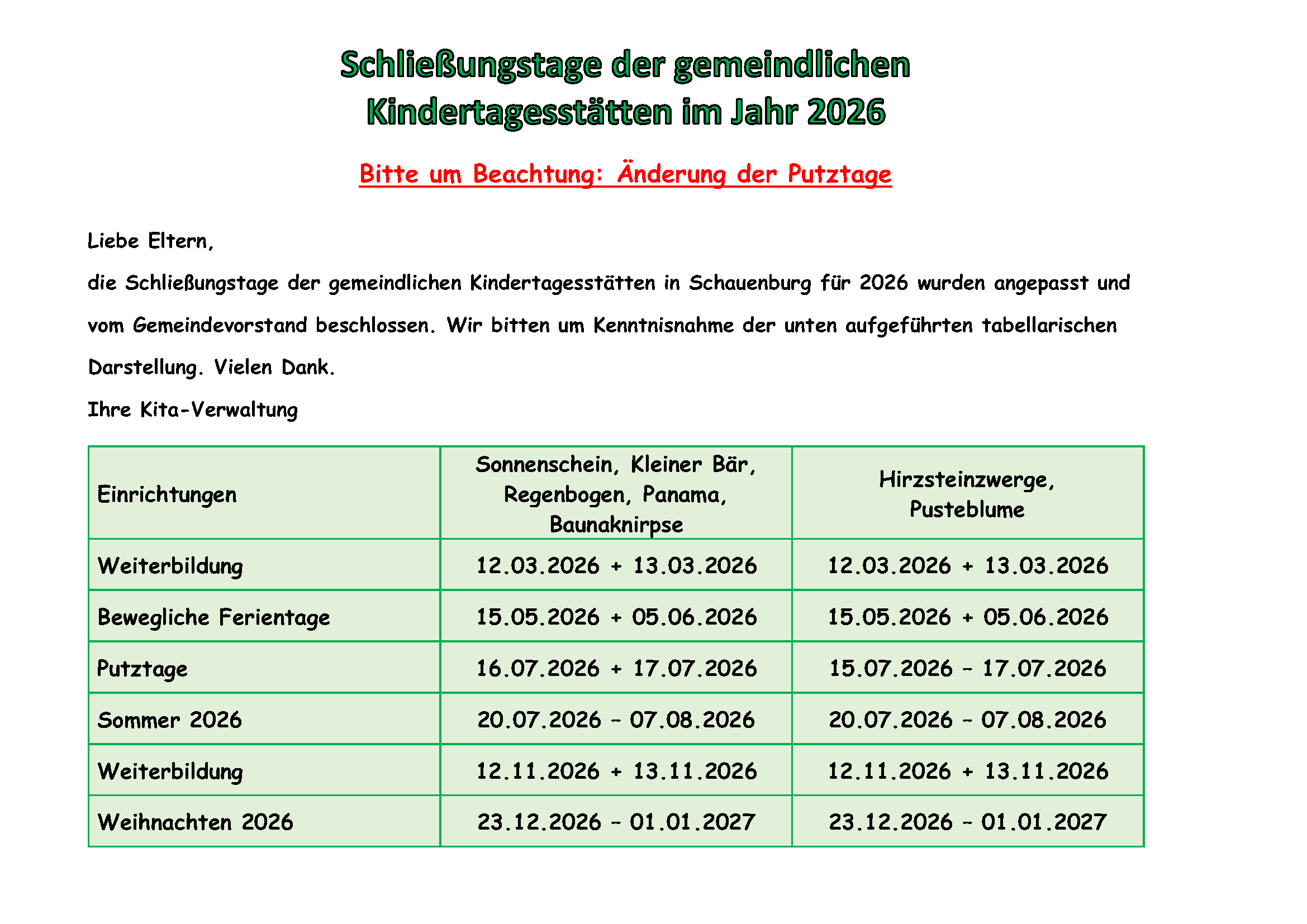 Schließungstage 2026