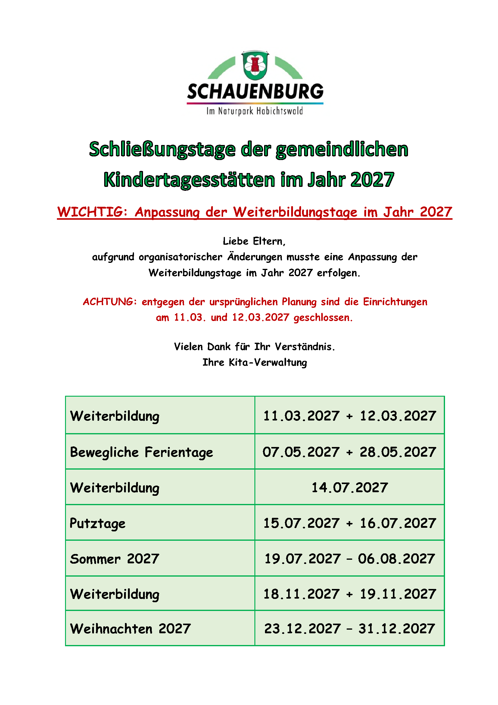 Schließungstage 2027