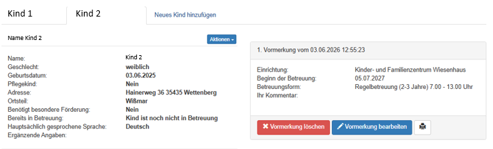 Betreuungsangebot Vormerkung
